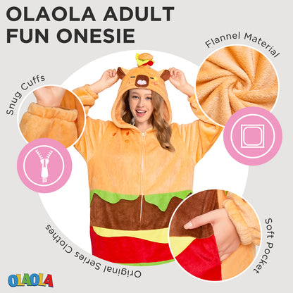 OLAOLA Hamburger Capybara Pajamas Animals Onesie Plush Warm Home One Piece For Adult Unisex Halloween Costume