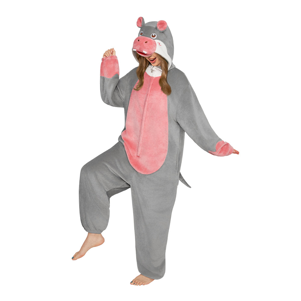 OLAOLA Hippopotamus Animals Onesie Soft Hippo Loungewear Cozy Winter Unisex Adult One Piece Pajamas Halloween Costume
