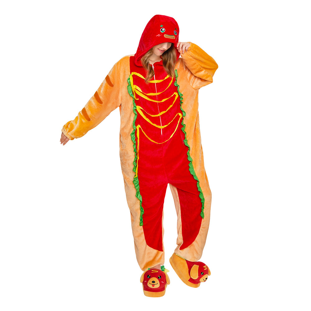 OLAOLA Hot Dog Pajamas Food Onesie Plush Warm One Piece Homewear For Adult Halloween Sleepwear Party