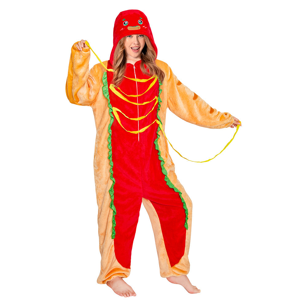 OLAOLA Hot Dog Pajamas Food Onesie Plush Warm Home One Piece Homewear For Adult Halloween Sleepwear Party