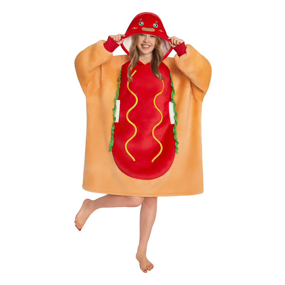OLAOLA Hot Dog Wearable Blanket Hoodie Food Onesie Oversized Soft Homewear With Pocket For Adult Unisex Halloween Christmas Costume