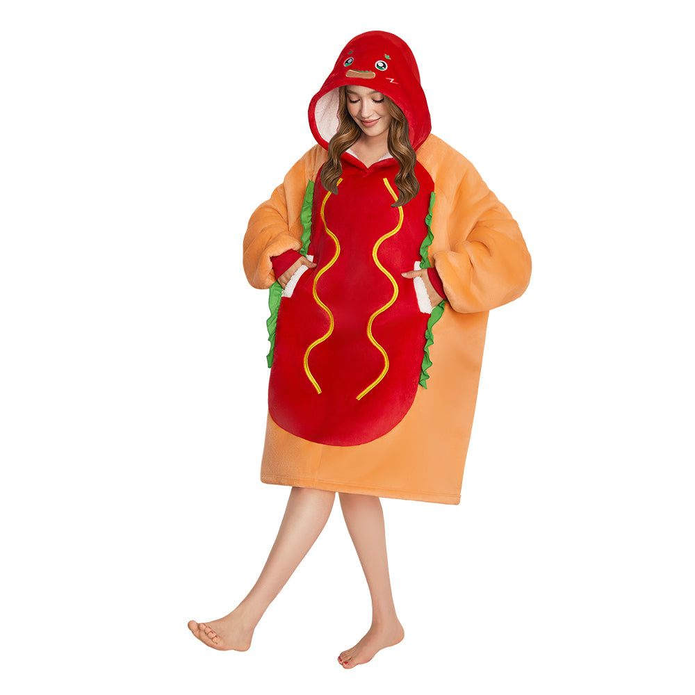 OLAOLA Hot Dog Wearable Blanket Hoodie Food Onesie Oversized Soft Homewear With Pocket For Adult Unisex Halloween Christmas Costume
