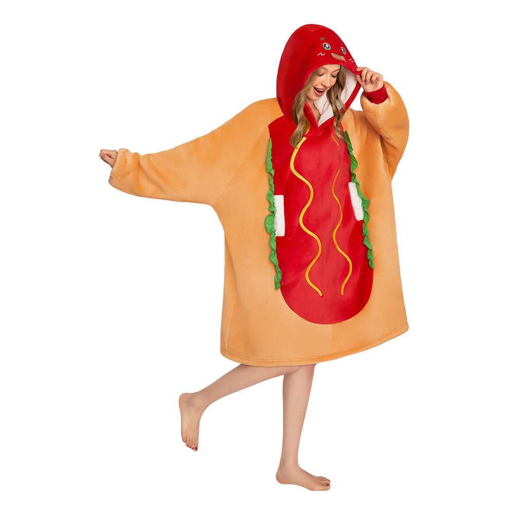 OLAOLA Hot Dog Wearable Blanket Hoodie Food Onesie Oversized Soft Homewear With Pocket For Adult Unisex Halloween Christmas Costume