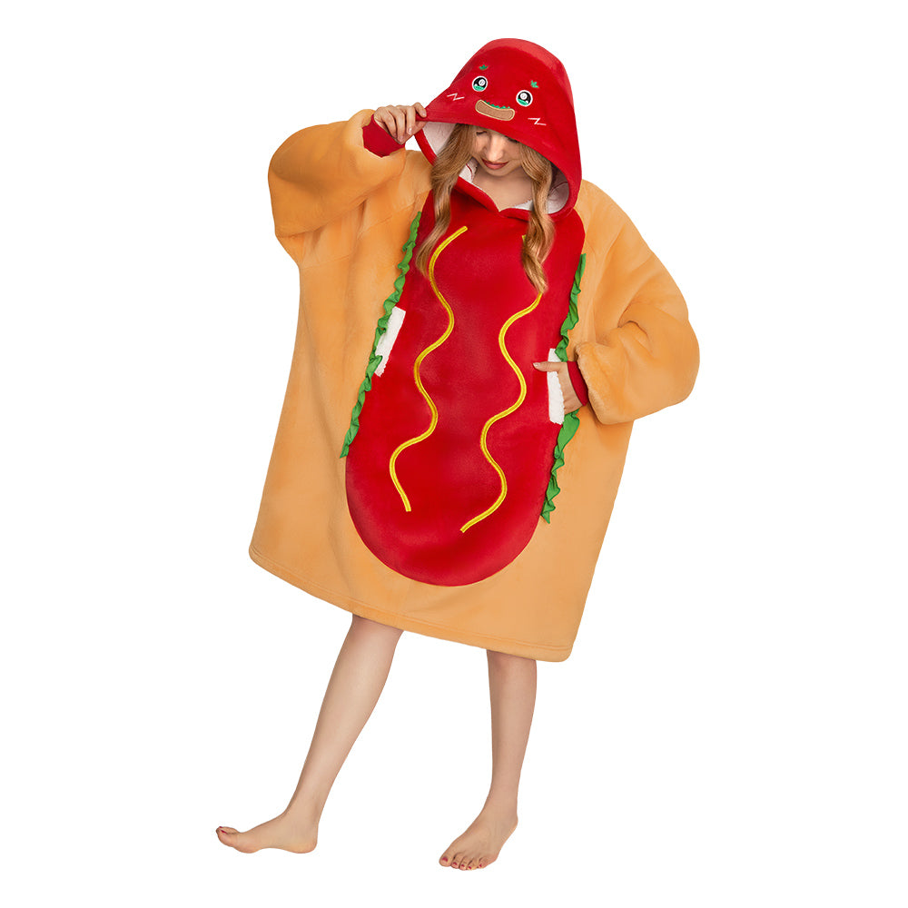 OLAOLA Hot Dog Wearable Blanket Hoodie Food Onesie Oversized Soft Homewear With Pocket For Adult Unisex Halloween Christmas Costume