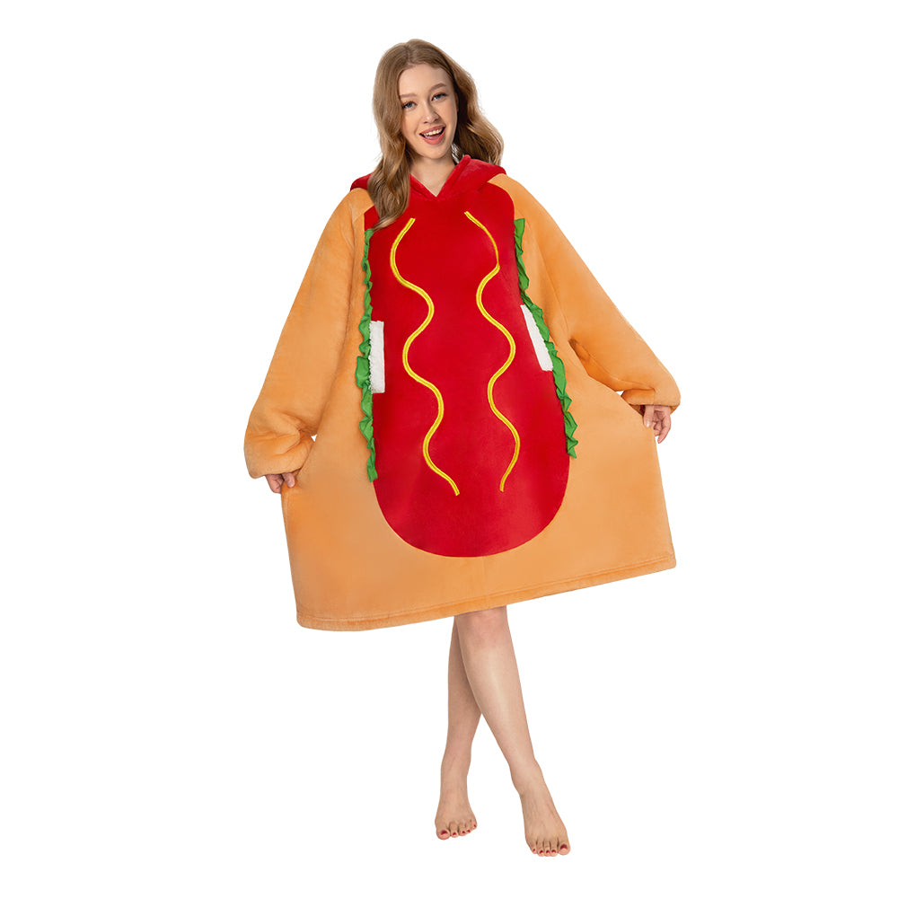 OLAOLA Hot Dog Wearable Blanket Hoodie Food Onesie Oversized Soft Homewear With Pocket For Adult Unisex Halloween Christmas Costume