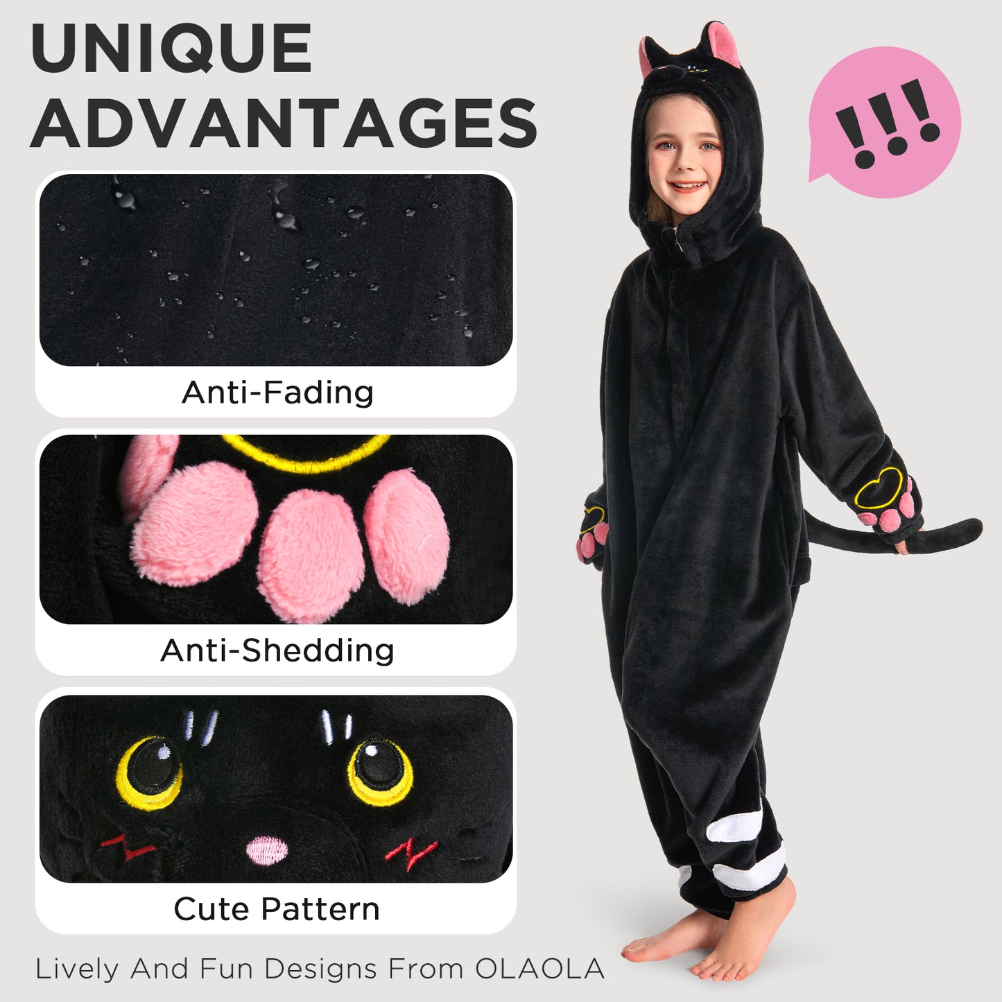 OLAOLA Kids Black Cat Animal Onesie Plush Soft Flannel Warm Home Pajamas One-Piece Sleepwear
