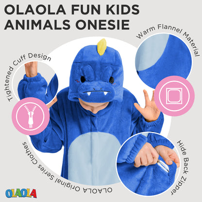 OLAOLA Kids Blue Dinosaur Animal Onesie Plush Soft Flannel Warm Home Pajamas One-Piece Sleepwear
