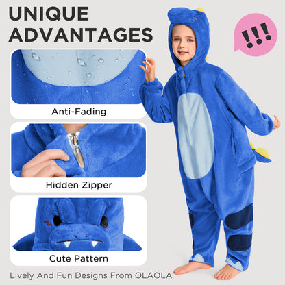 OLAOLA Kids Blue Dinosaur Animal Onesie Plush Soft Flannel Warm Home Pajamas One-Piece Sleepwear