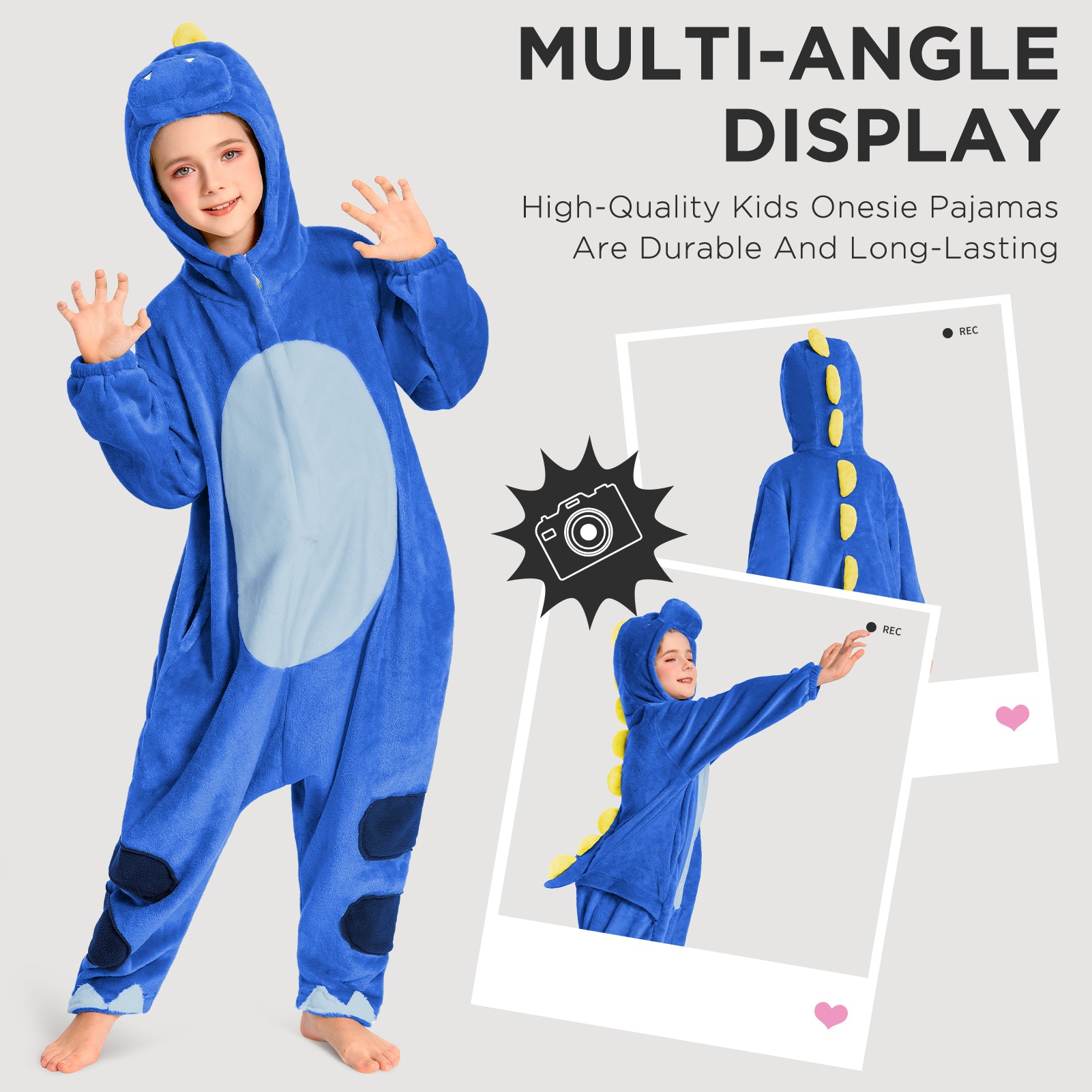 OLAOLA Kids Blue Dinosaur Animal Onesie Plush Soft Flannel Warm Home Pajamas One-Piece Sleepwear