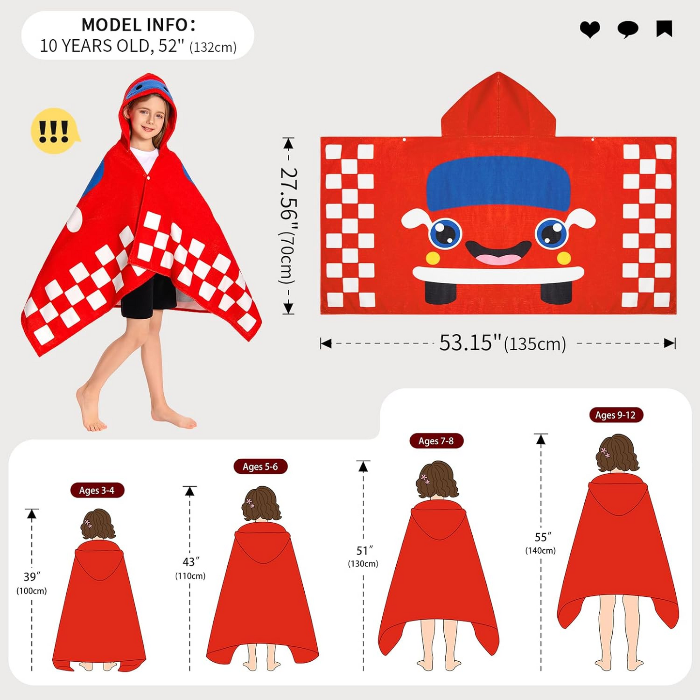 OLAOLA Kids Car Printed Hooded Beach Towels Soft Absorbent Swim Pool Towels Poncho Toddler Bath Towel Wrap Poncho for Boys Girls