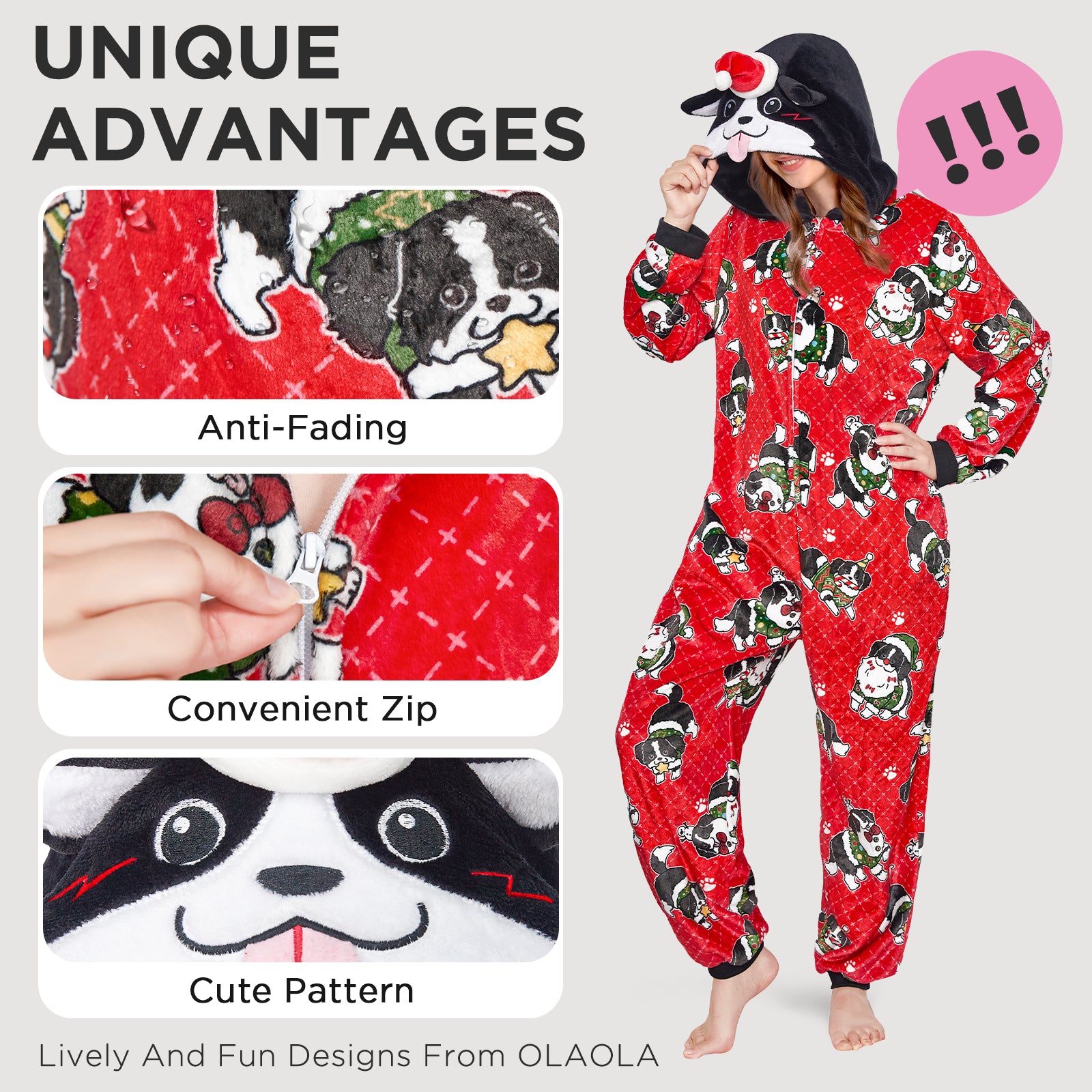 OLAOLA Kids Christmas Dog Red Printed Pajamas Plush Animals Onesie Sleepwear Xmas Party Suit