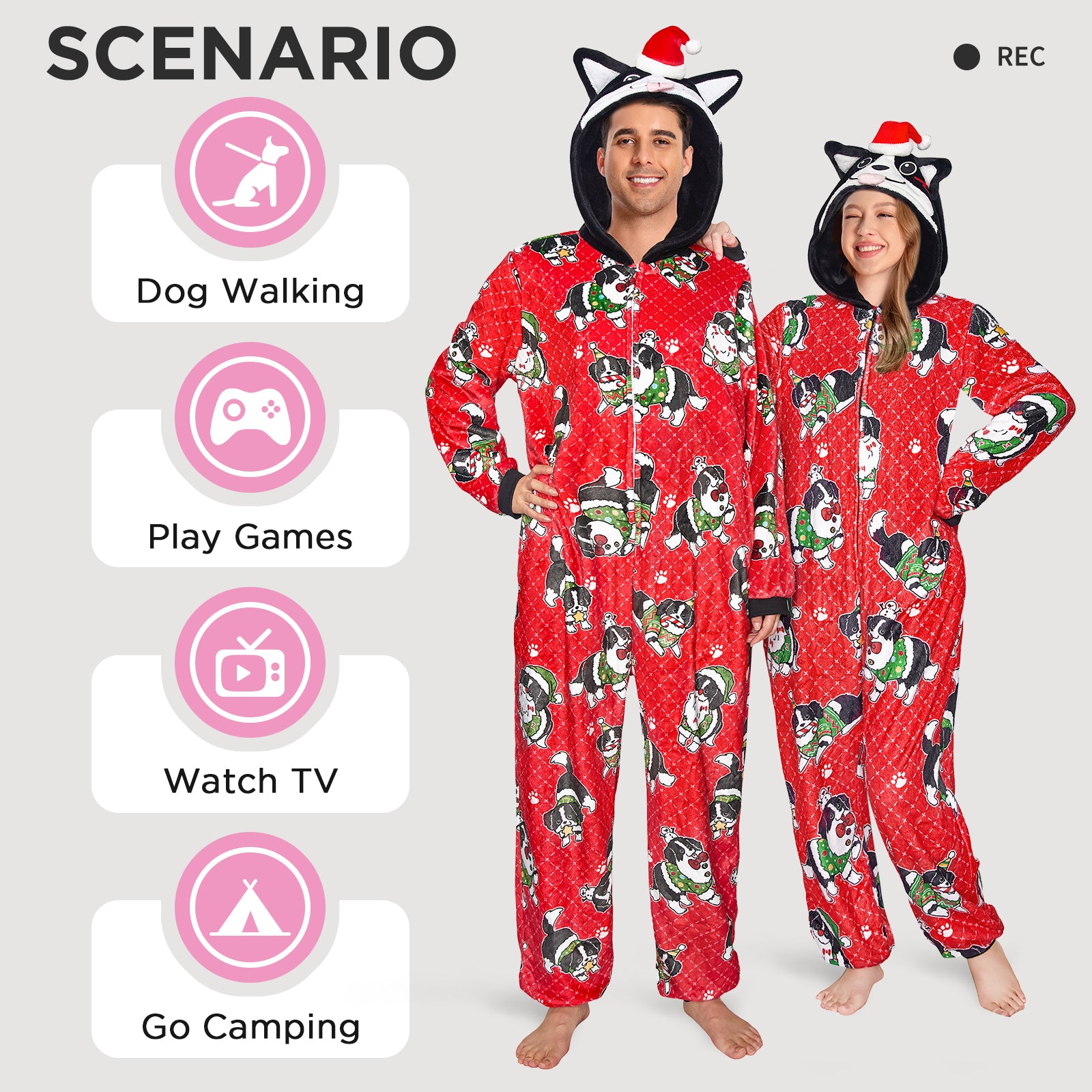 OLAOLA Kids Christmas Dog Red Printed Pajamas Plush Animals Onesie Sleepwear Xmas Party Suit