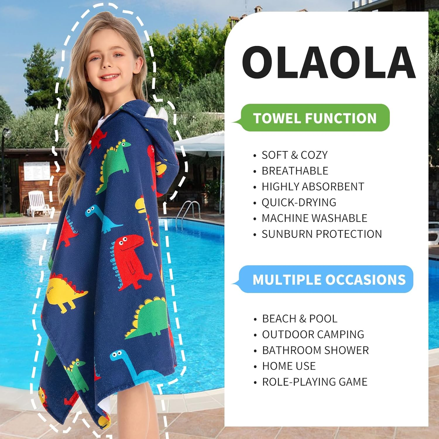 OLAOLA Kids Colorful Dinosaur Printed Hooded Bathrobe Soft Absorbent Swim Pool Towels Poncho Animal Onesie Bath Robe