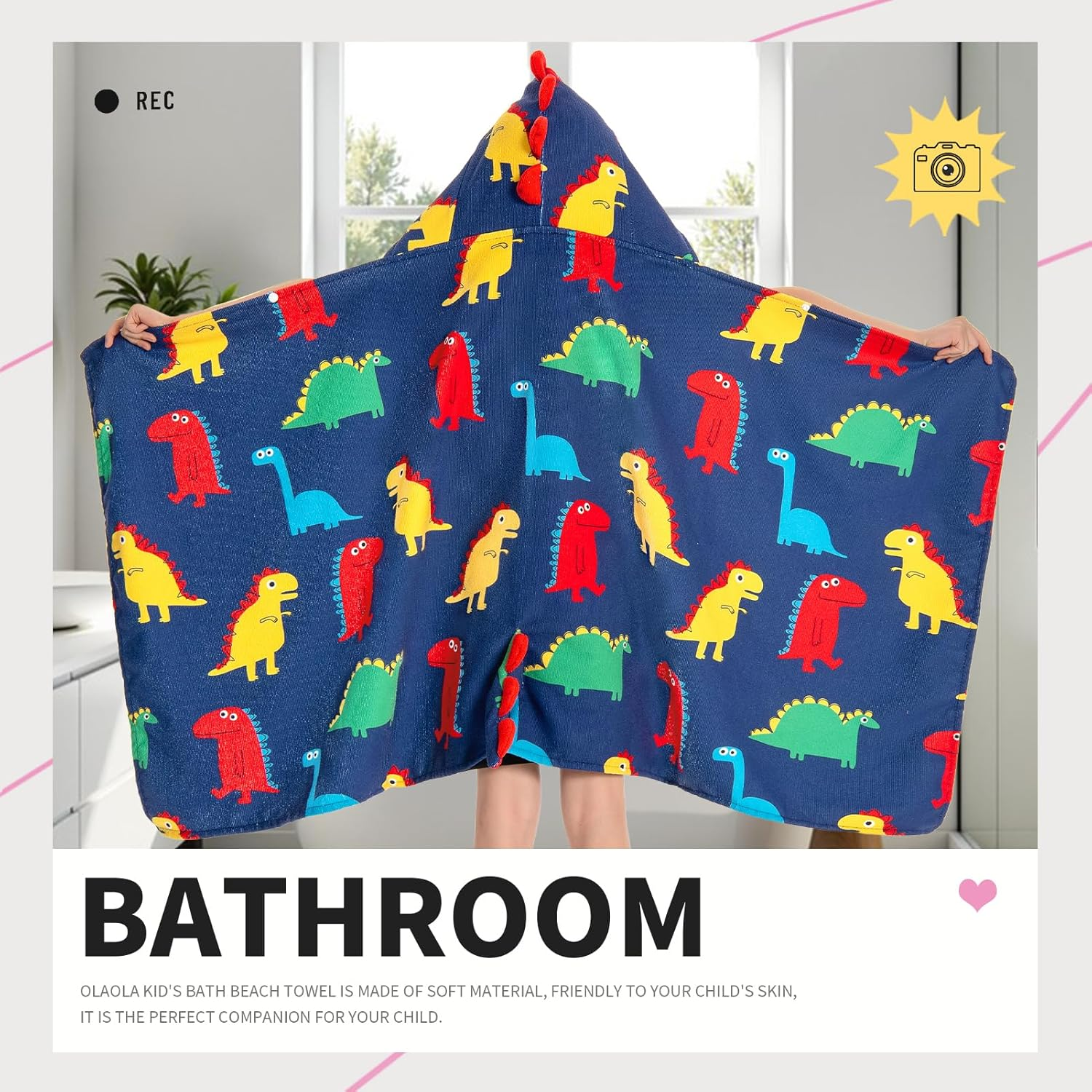 OLAOLA Kids Colorful Dinosaur Printed Hooded Bathrobe Soft Absorbent Swim Pool Towels Poncho Animal Onesie Bath Robe