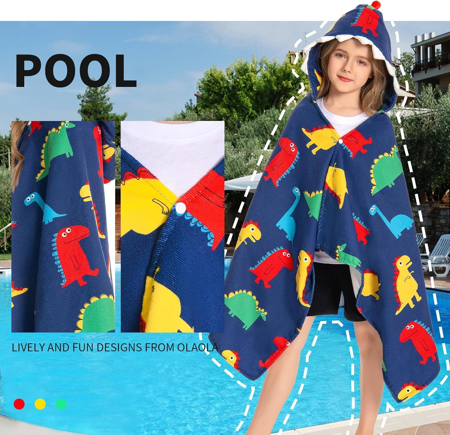 OLAOLA Kids Colorful Dinosaur Printed Hooded Bathrobe Soft Absorbent Swim Pool Towels Poncho Animal Onesie Bath Robe