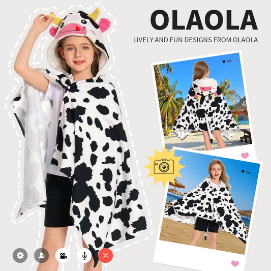 OLAOLA Kids Cow Printed Hooded Beach Towels Soft Absorbent Swim Pool Towels Poncho Animal Onesie