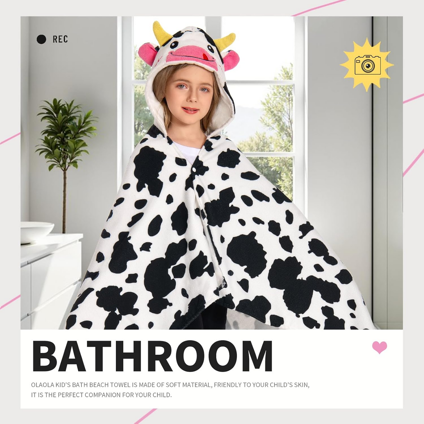 OLAOLA Kids Cow Printed Hooded Beach Towels Soft Absorbent Swim Pool Towels Poncho Animal Onesie