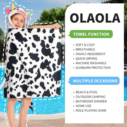 OLAOLA Kids Cow Printed Hooded Beach Towels Soft Absorbent Swim Pool Towels Poncho Animal Onesie