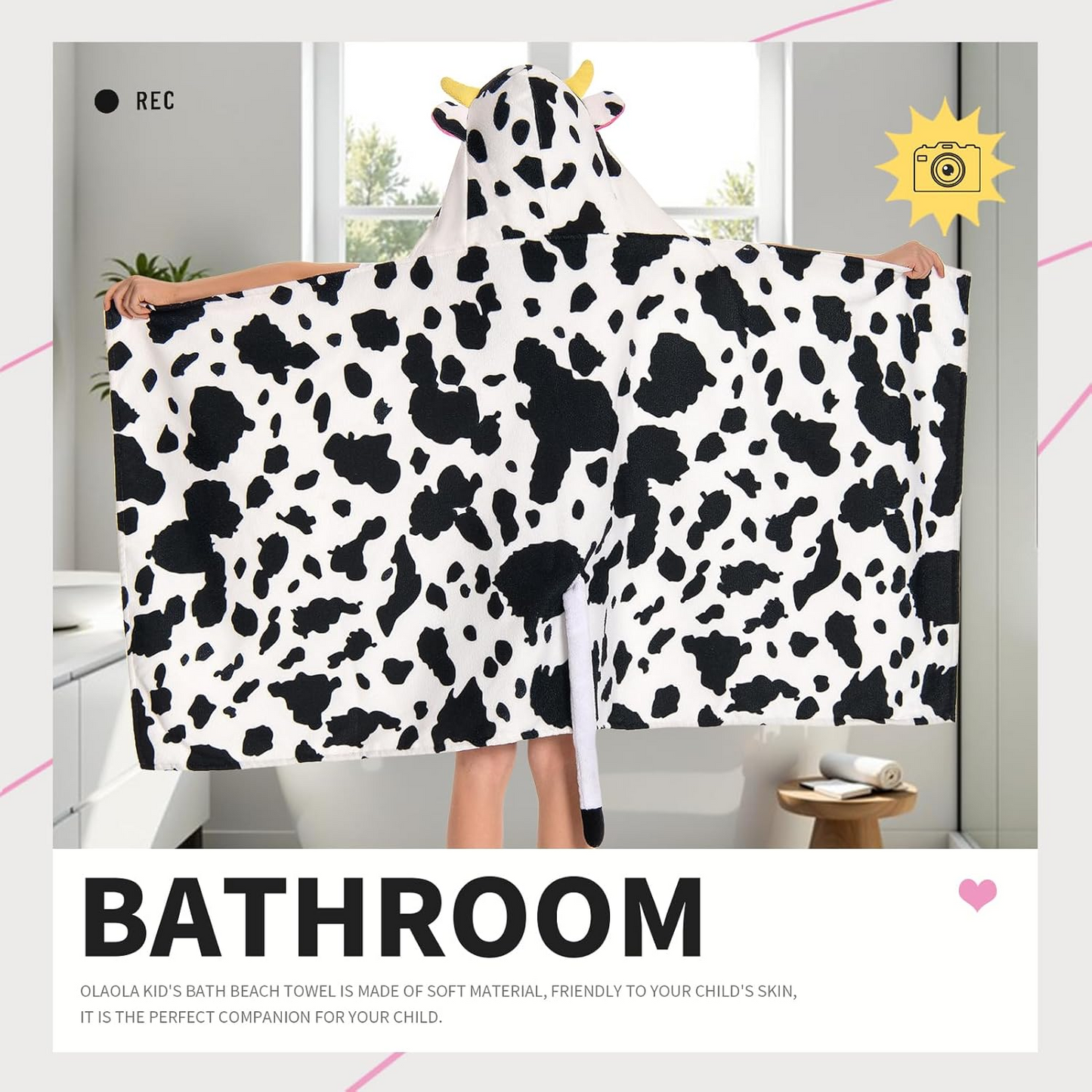 OLAOLA Kids Cow Printed Hooded Beach Towels Soft Absorbent Swim Pool Towels Poncho Animal Onesie