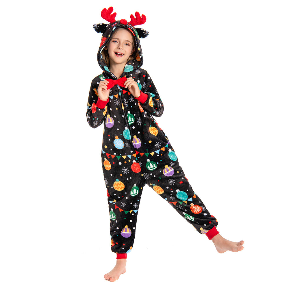 OLAOLA Kids Elk Printed Colored Lights Black Pajamas Plush Animals Onesie Sleepwear Christmas Party Suit