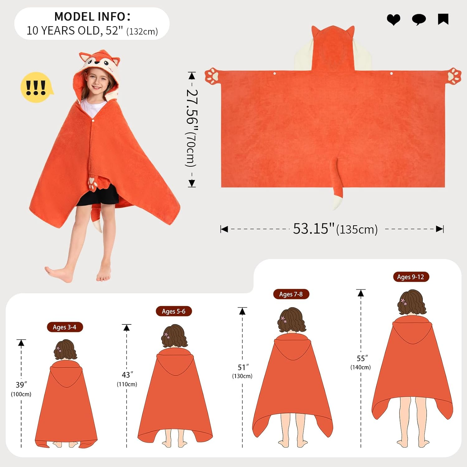 OLAOLA Kids Fox Hooded Beach Towels Soft Absorbent Swim Pool Towels Poncho Animal Onesie