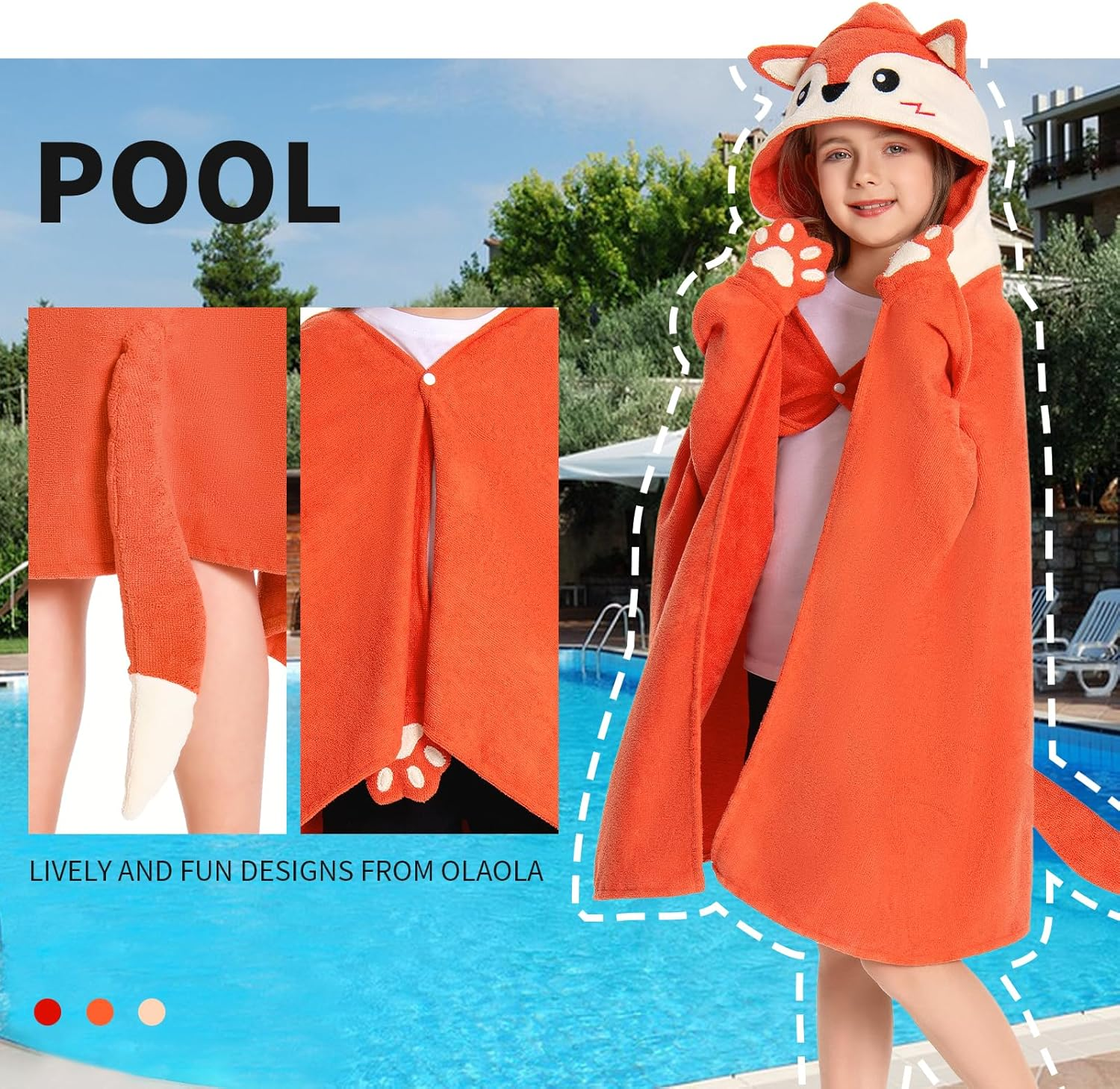 OLAOLA Kids Fox Hooded Beach Towels Soft Absorbent Swim Pool Towels Poncho Animal Onesie