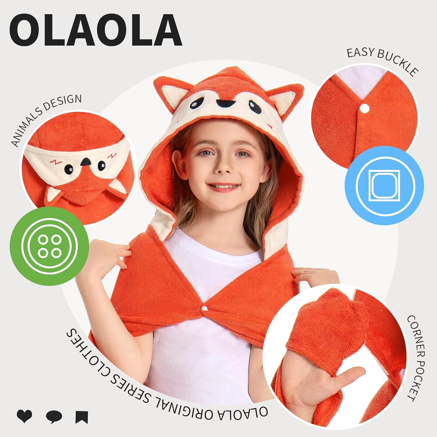 OLAOLA Kids Fox Hooded Beach Towels Soft Absorbent Swim Pool Towels Poncho Animal Onesie
