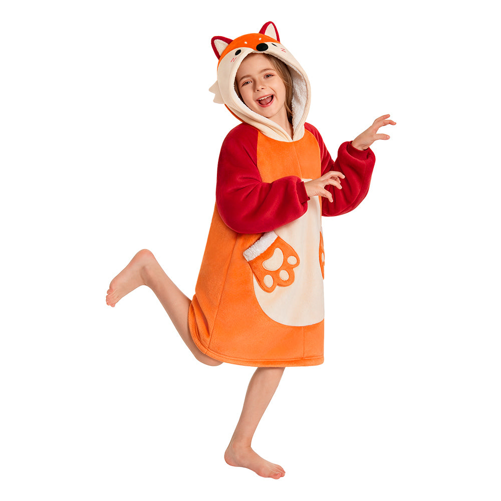 OLAOLA Kids Fox Wearable Blanket Hoodie Oversized Animal Onesie Soft Warm Cozy Homewear With Pocket For Children