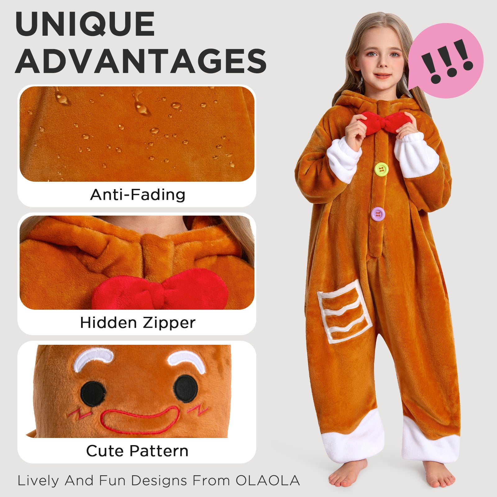 OLAOLA Kids Gingerbread Onesie Christmas Plush Soft Flannel Warm Home Pajamas One-Piece Sleepwear