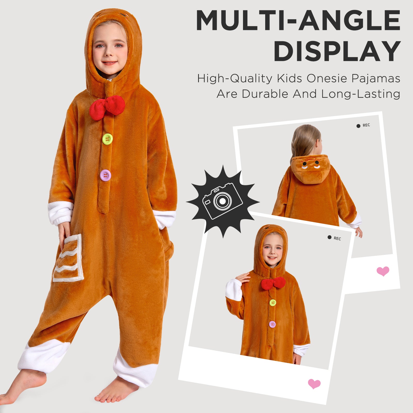 OLAOLA Kids Gingerbread Onesie Christmas Plush Soft Flannel Warm Home Pajamas One-Piece Sleepwear
