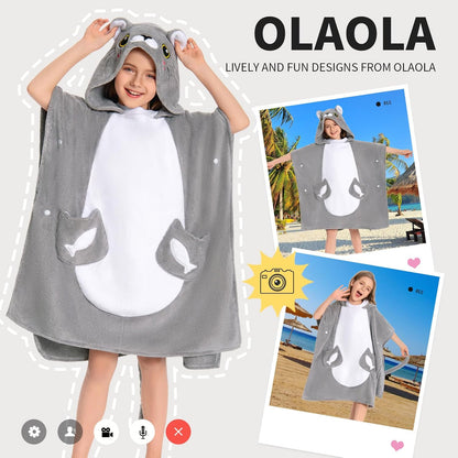 OLAOLA Kids Gray Cat Bathrobe Blanket Animal Onesie Beach Towels Soft Absorbent Coral Fleece Pool Swim Towel