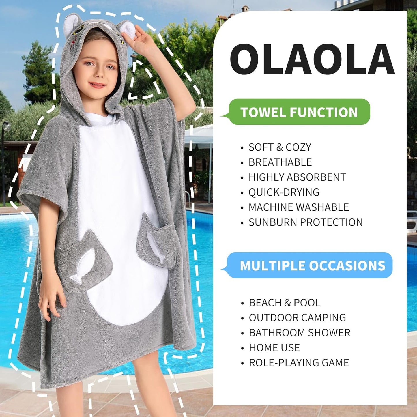 OLAOLA Kids Gray Cat Bathrobe Blanket Animal Onesie Beach Towels Soft Absorbent Coral Fleece Pool Swim Towel