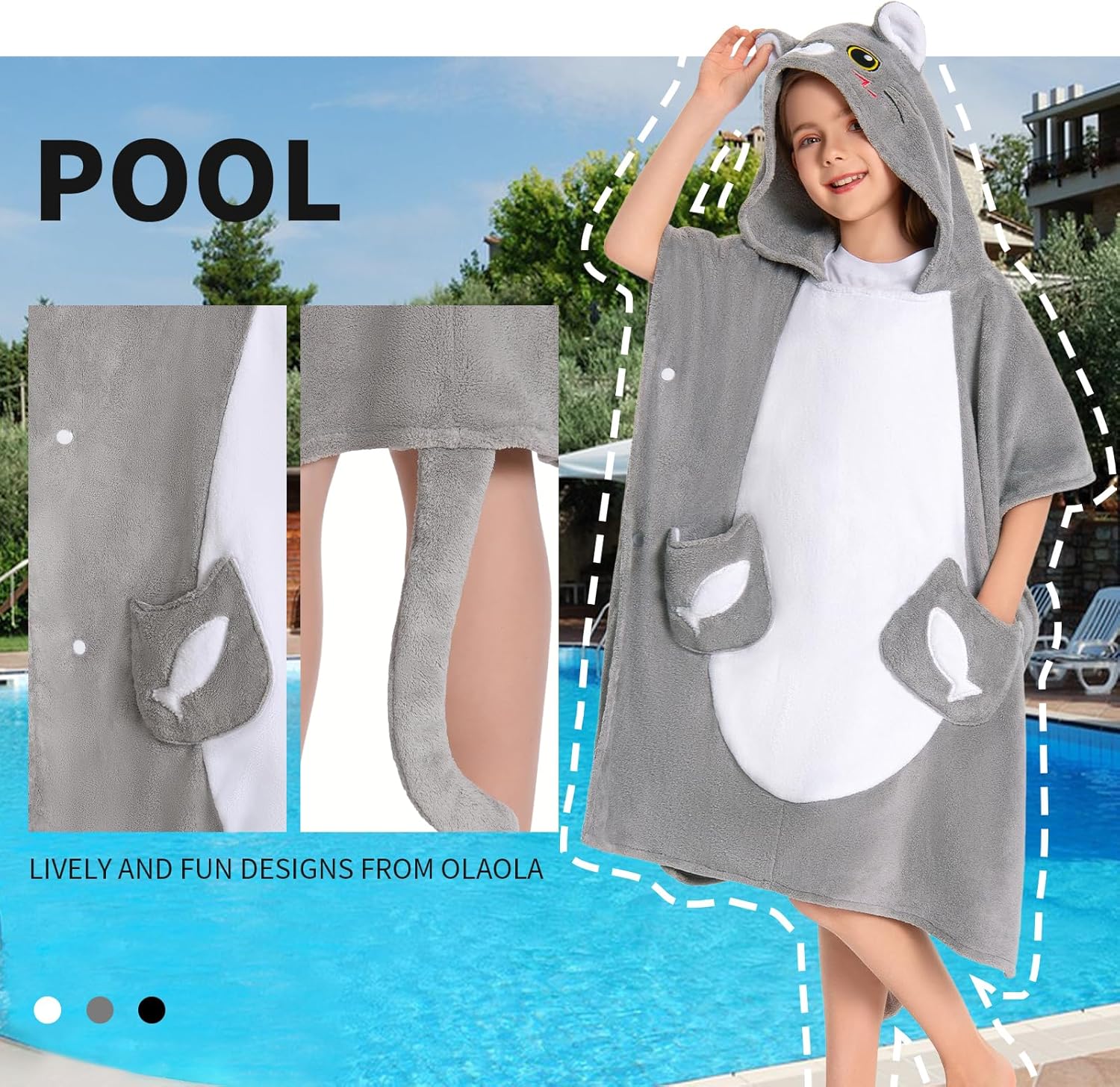 OLAOLA Kids Gray Cat Bathrobe Blanket Animal Onesie Beach Towels Soft Absorbent Coral Fleece Pool Swim Towel