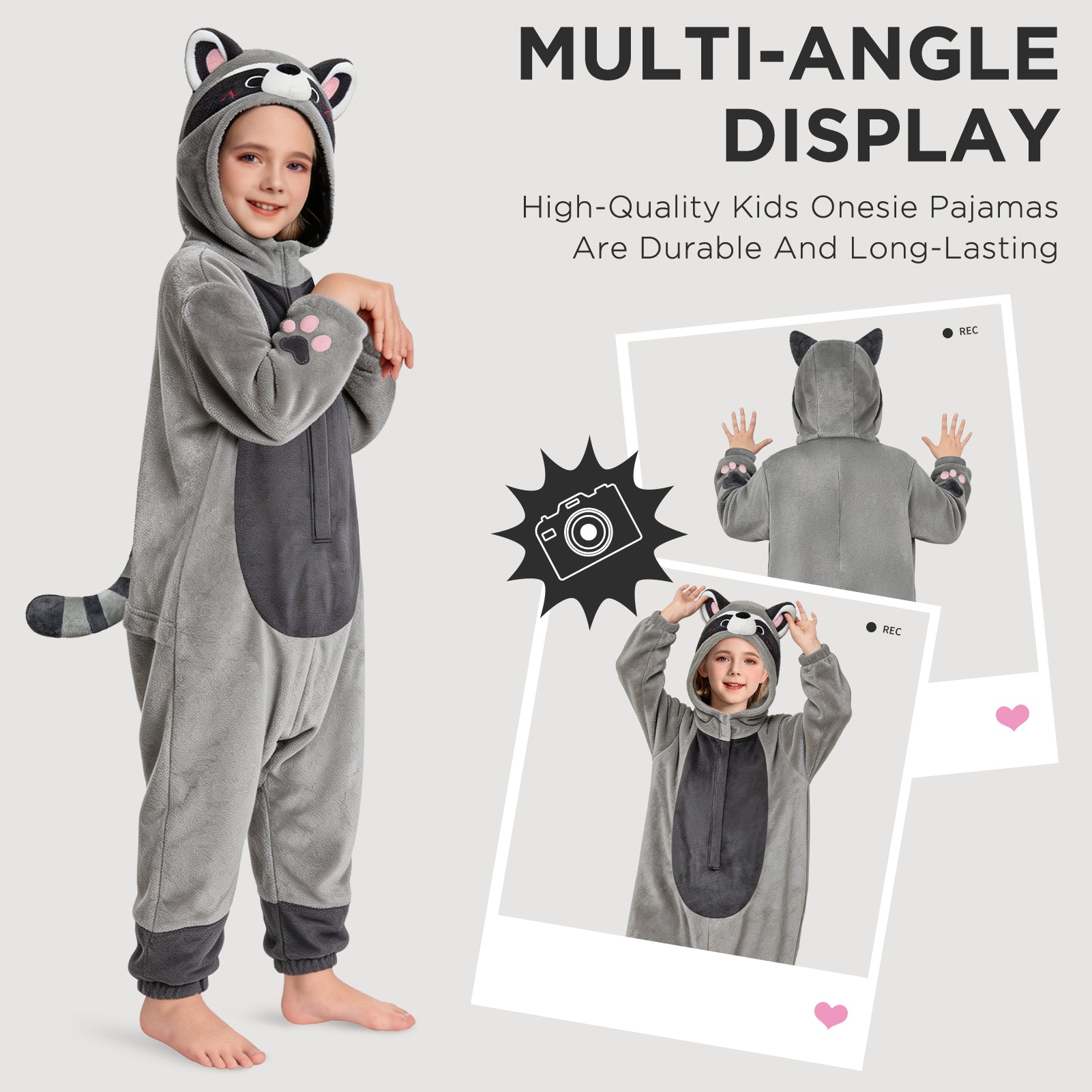 OLAOLA Kids Gray Raccoon Pajamas Animals Onesie Plush Cozy One Piece Sleepwear Halloween Christmas Suit