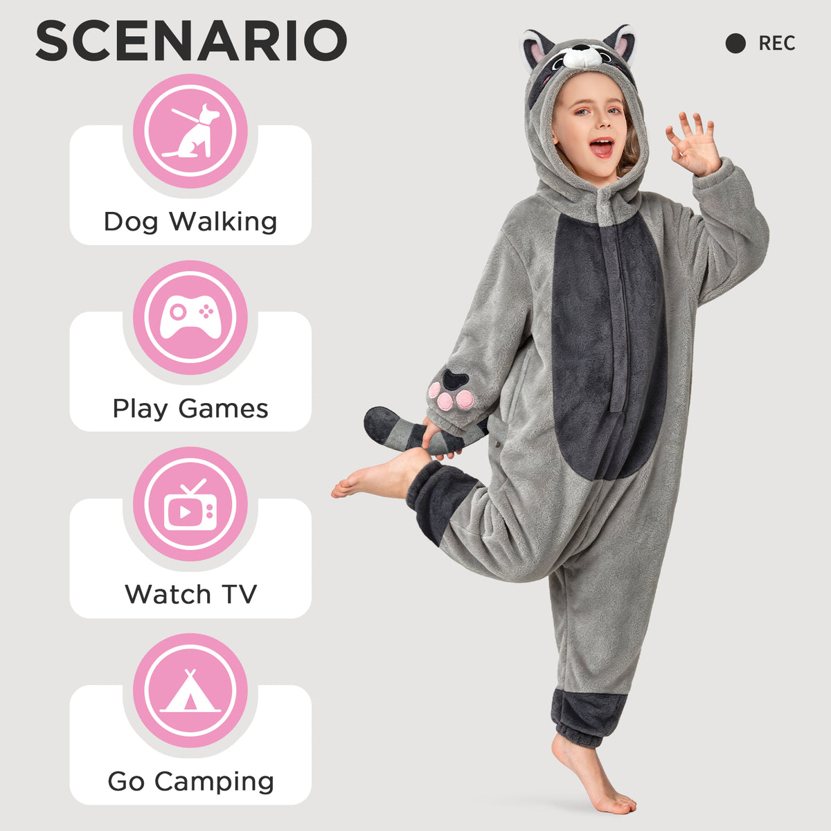 OLAOLA Kids Gray Raccoon Pajamas Animals Onesie Plush Cozy One Piece Sleepwear Halloween Christmas Suit