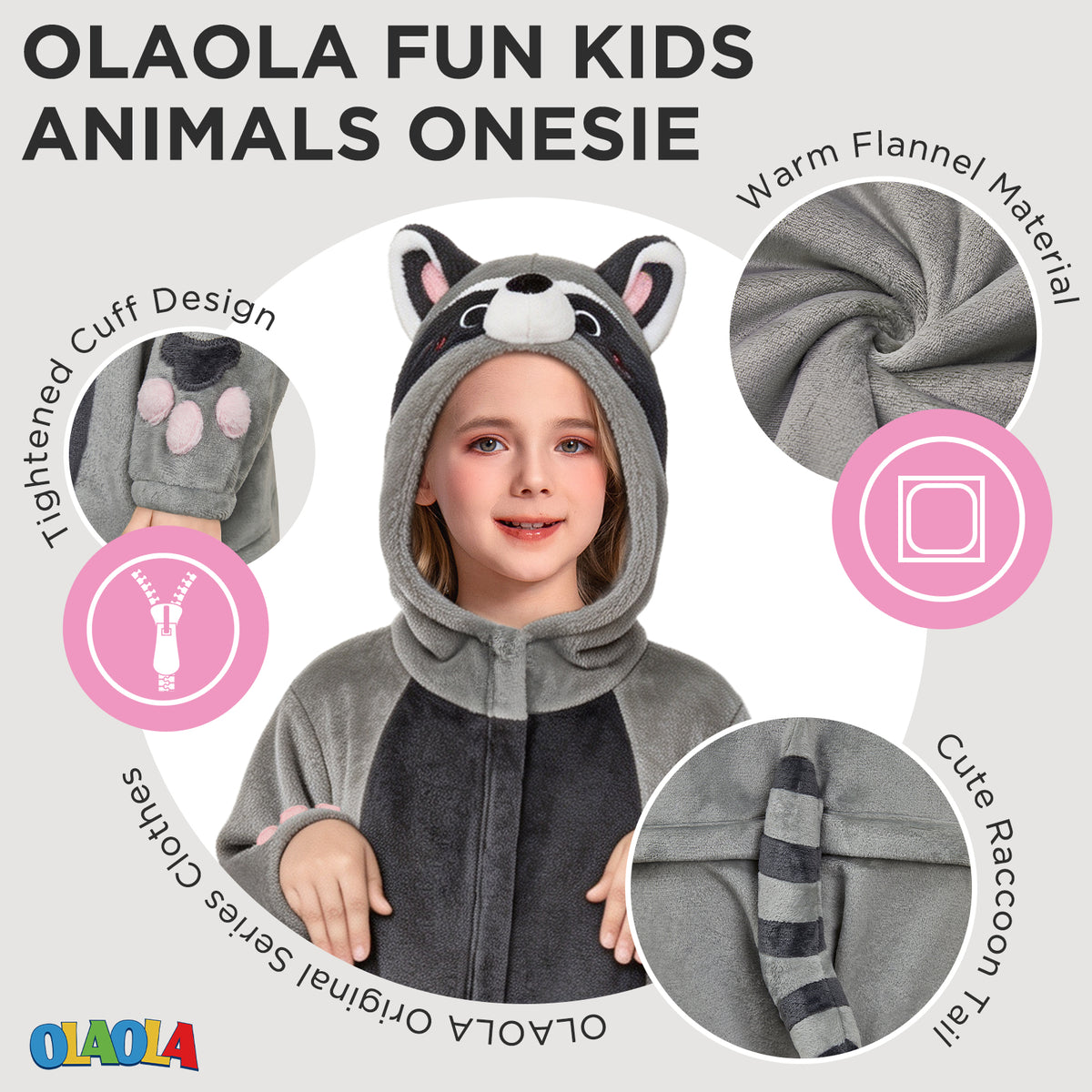 OLAOLA Kids Gray Raccoon Pajamas Animals Onesie Plush Cozy One Piece Sleepwear Halloween Christmas Suit