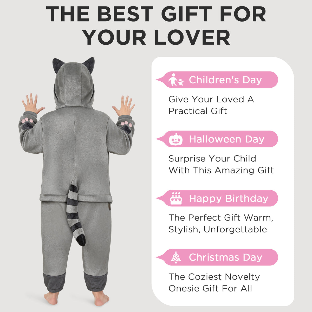 OLAOLA Kids Gray Raccoon Pajamas Animals Onesie Plush Cozy One Piece Sleepwear Halloween Christmas Suit