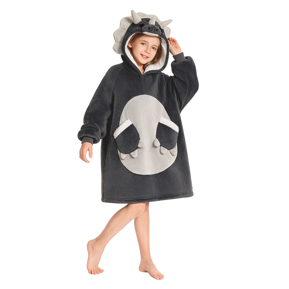 OLAOLA Kids Gray Triceratops Wearable Blanket Hoodie Gray Dinosaur Oversized Animal Onesie Soft Homewear With Pocket For Boys Girls