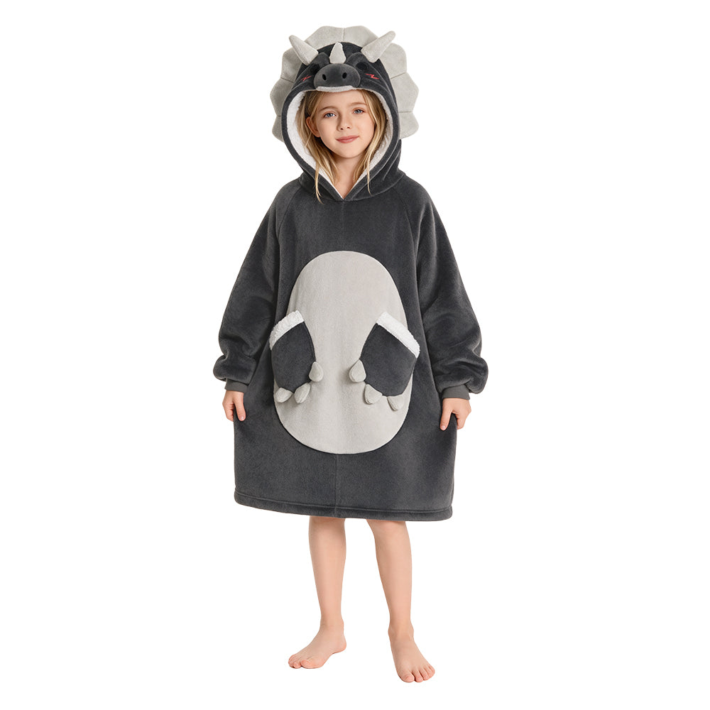 OLAOLA Kids Gray Triceratops Wearable Blanket Hoodie Gray Dinosaur Oversized Animal Onesie Soft Homewear With Pocket For Boys Girls
