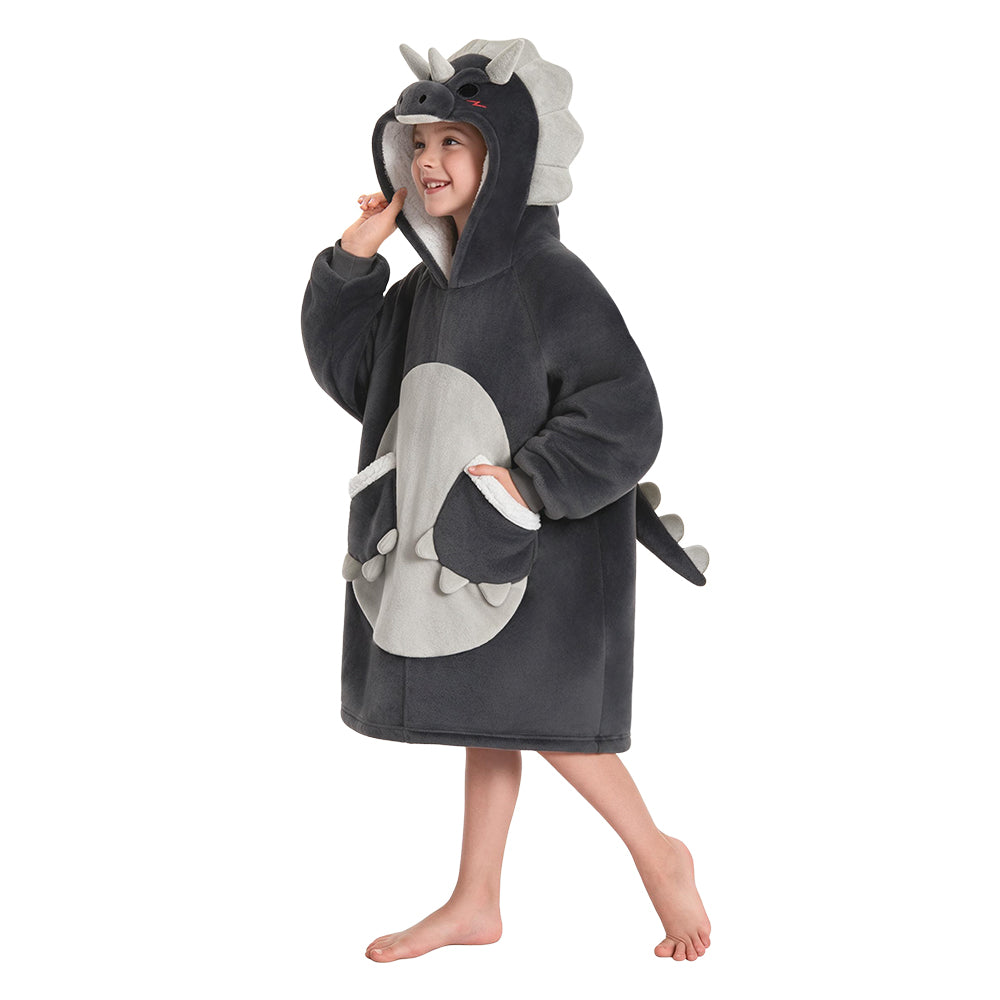 OLAOLA Kids Gray Triceratops Wearable Blanket Hoodie Gray Dinosaur Oversized Animal Onesie Soft Homewear With Pocket For Boys Girls