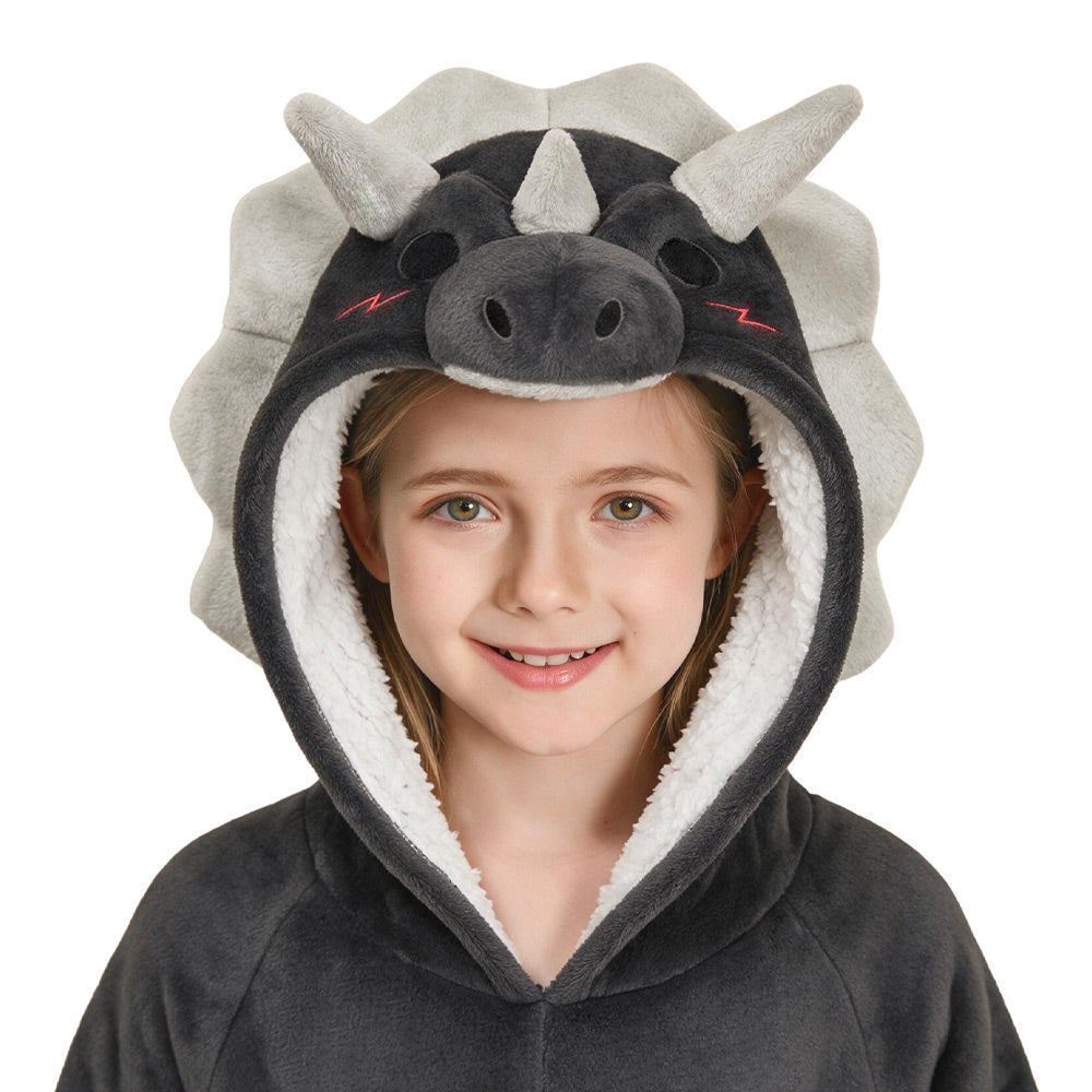 OLAOLA Kids Gray Triceratops Wearable Blanket Hoodie Gray Dinosaur Oversized Animal Onesie Soft Homewear With Pocket For Boys Girls