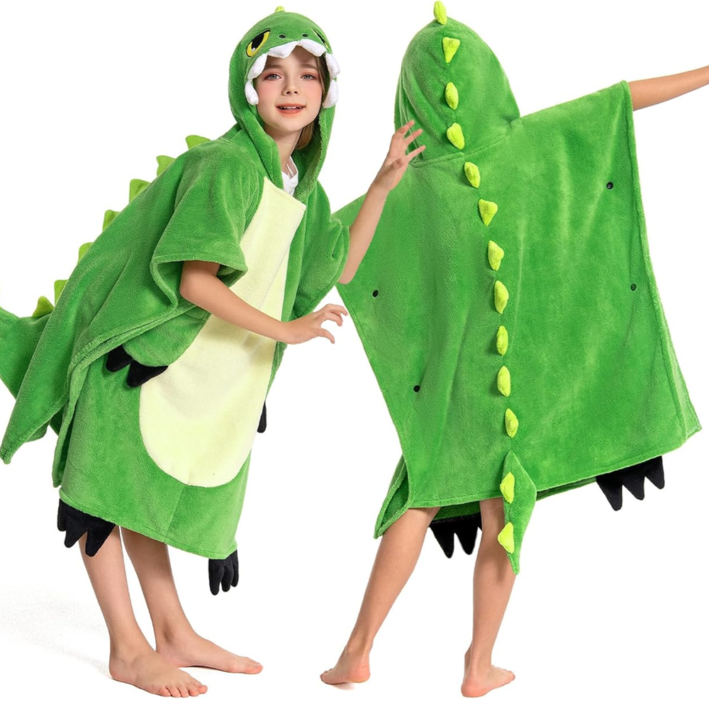 OLAOLA Kids Green Dinosaur Animal Beach Bath Towels Blanket Plush Soft Coral Fleece Homewear Bath Hooded