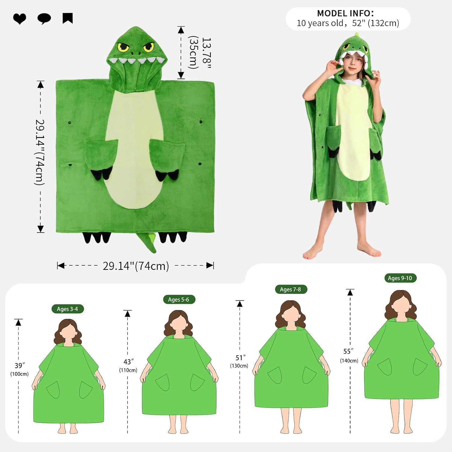 OLAOLA Kids Green Dinosaur Animal Beach Bath Towels Blanket Plush Soft Coral Fleece Homewear Bath Hooded