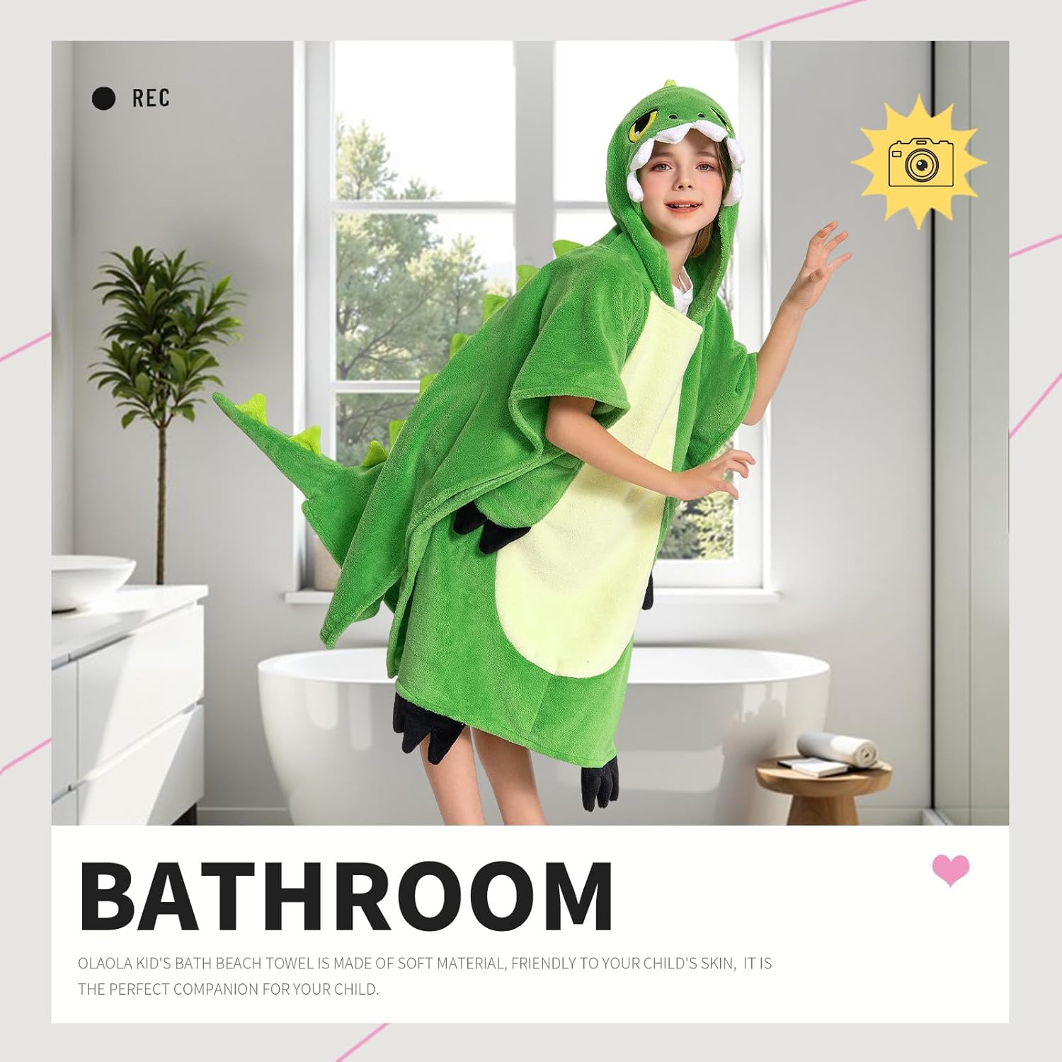 OLAOLA Kids Green Dinosaur Animal Beach Bath Towels Blanket Plush Soft Coral Fleece Homewear Bath Hooded