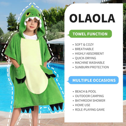 OLAOLA Kids Green Dinosaur Animal Beach Bath Towels Blanket Plush Soft Coral Fleece Homewear Bath Hooded
