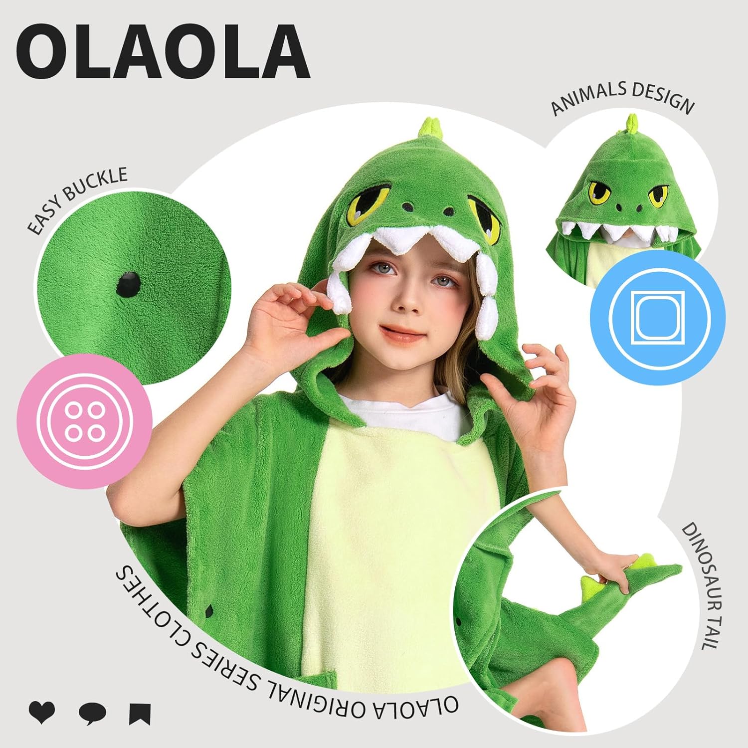 OLAOLA Kids Green Dinosaur Animal Beach Bath Towels Blanket Plush Soft Coral Fleece Homewear Bath Hooded