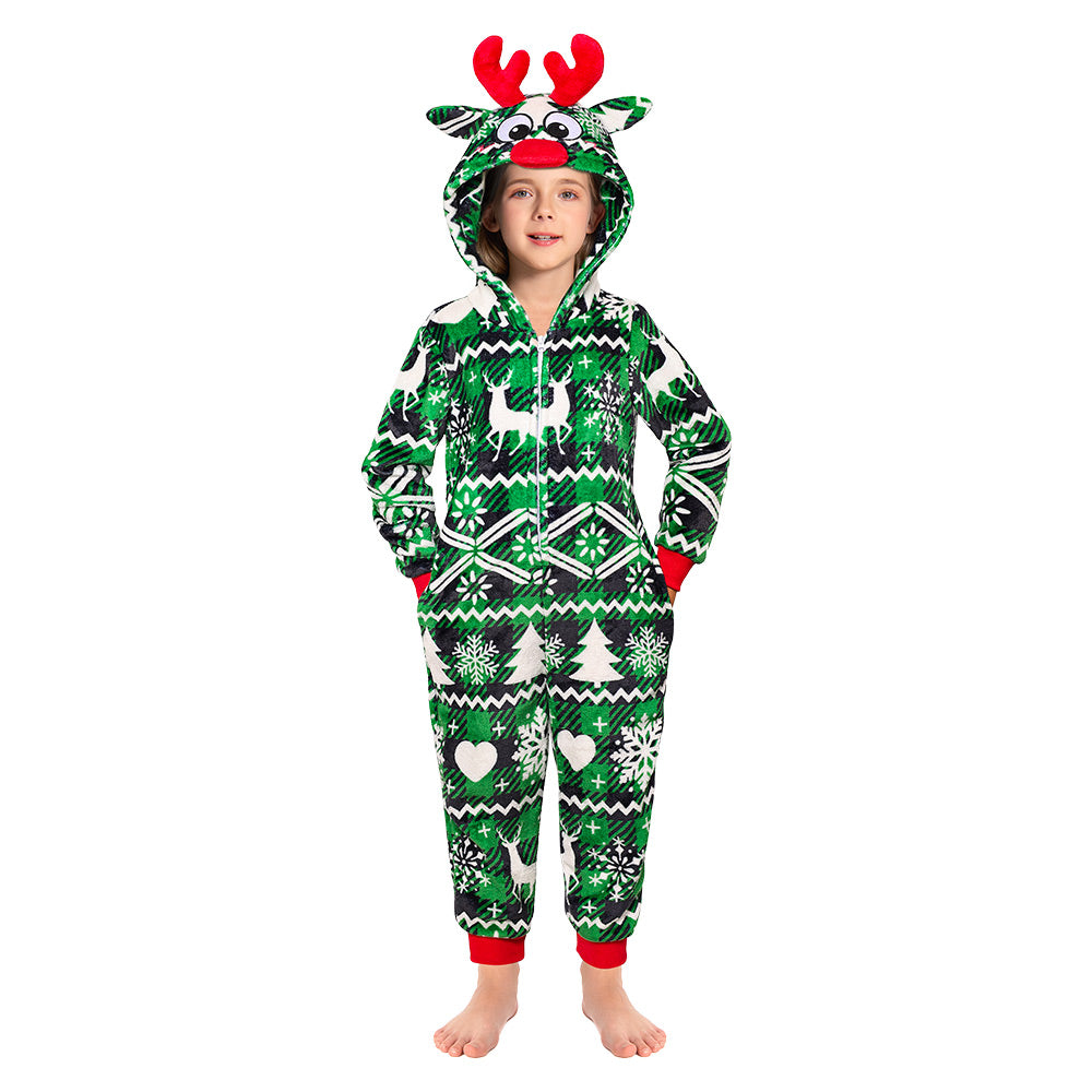 OLAOLA Kids Green Elk Printed Pajamas Plush Animals Onesie Sleepwear Christmas Party Suit