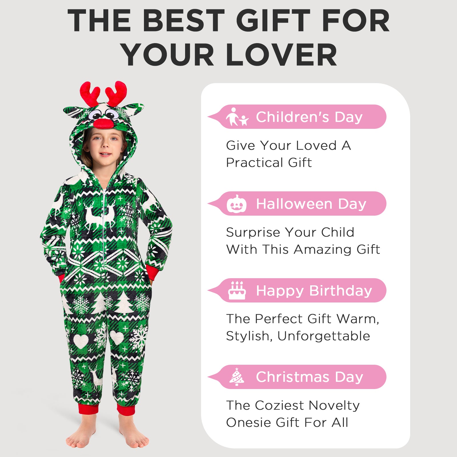 OLAOLA Kids Green Elk Printed Pajamas Plush Animals Onesie Sleepwear Christmas Party Suit