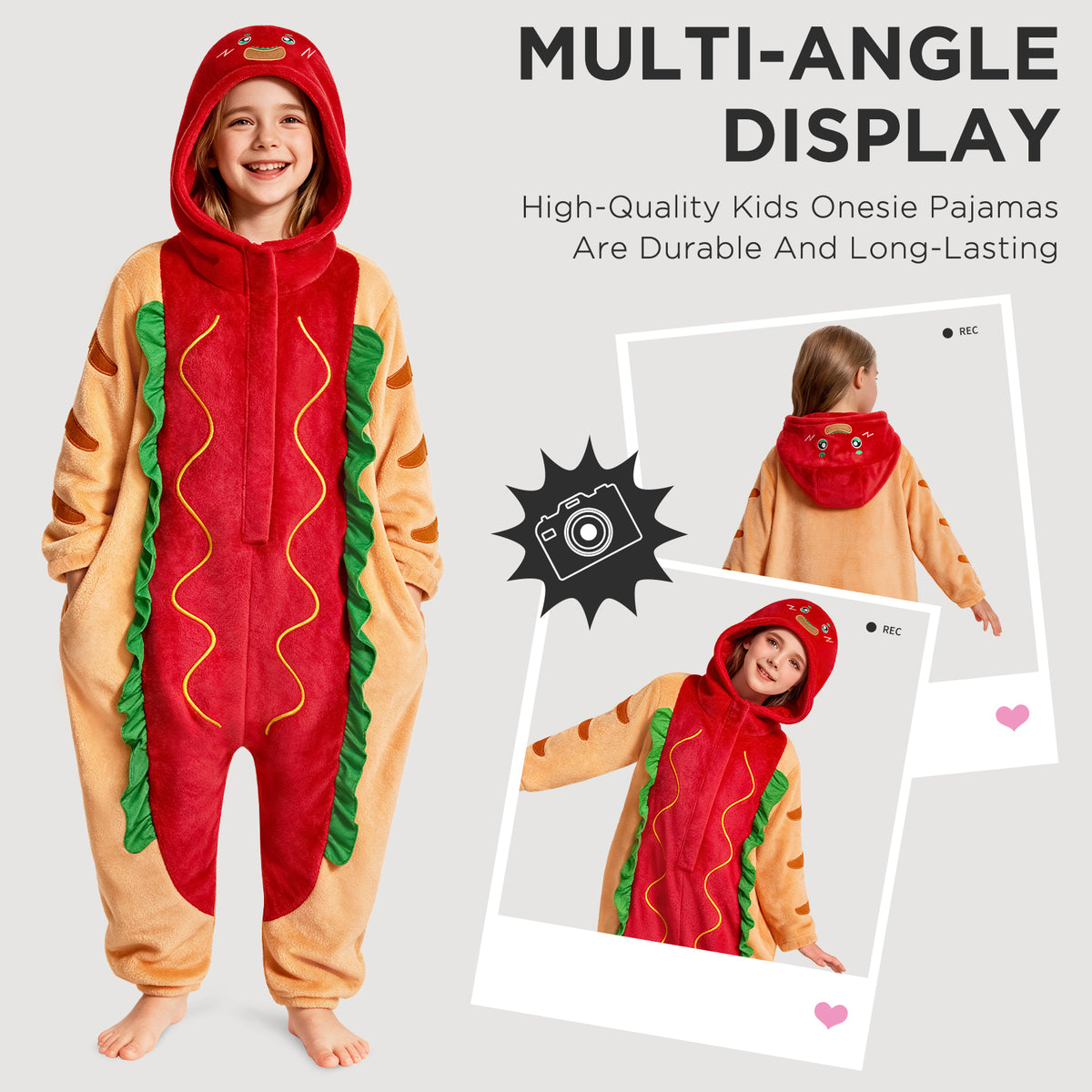OLAOLA Kids Hot Dog Food Pajamas Children Jumpsuit Costume Soft Cozy Flannel Onesie Halloween Christmas Cosplay Costume