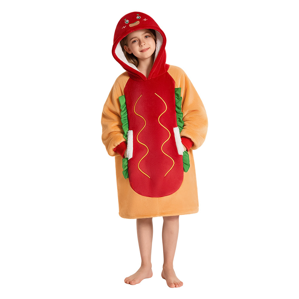 OLAOLA Kids Hot Dog Wearable Blanket Hoodie Oversized Food Onesie Soft Warm Cozy Homewear With Pocket For Children Halloween Christmas Costume